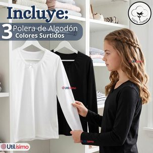 Pack 3 Camisetas Poleras Algod&oacute;n Cuello Redondo Primera Capa Manga Larga Colores Surtidos Ni&ntilde;a