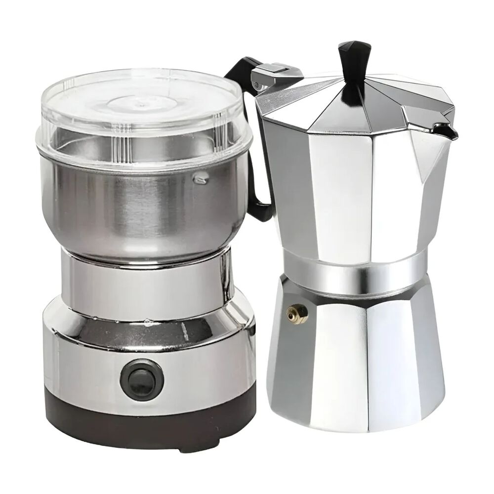 Moledor El&eacute;ctrico De Caf&eacute; + Cafetera Italiana Greca 9 Tazas Color Gris image number 0.0