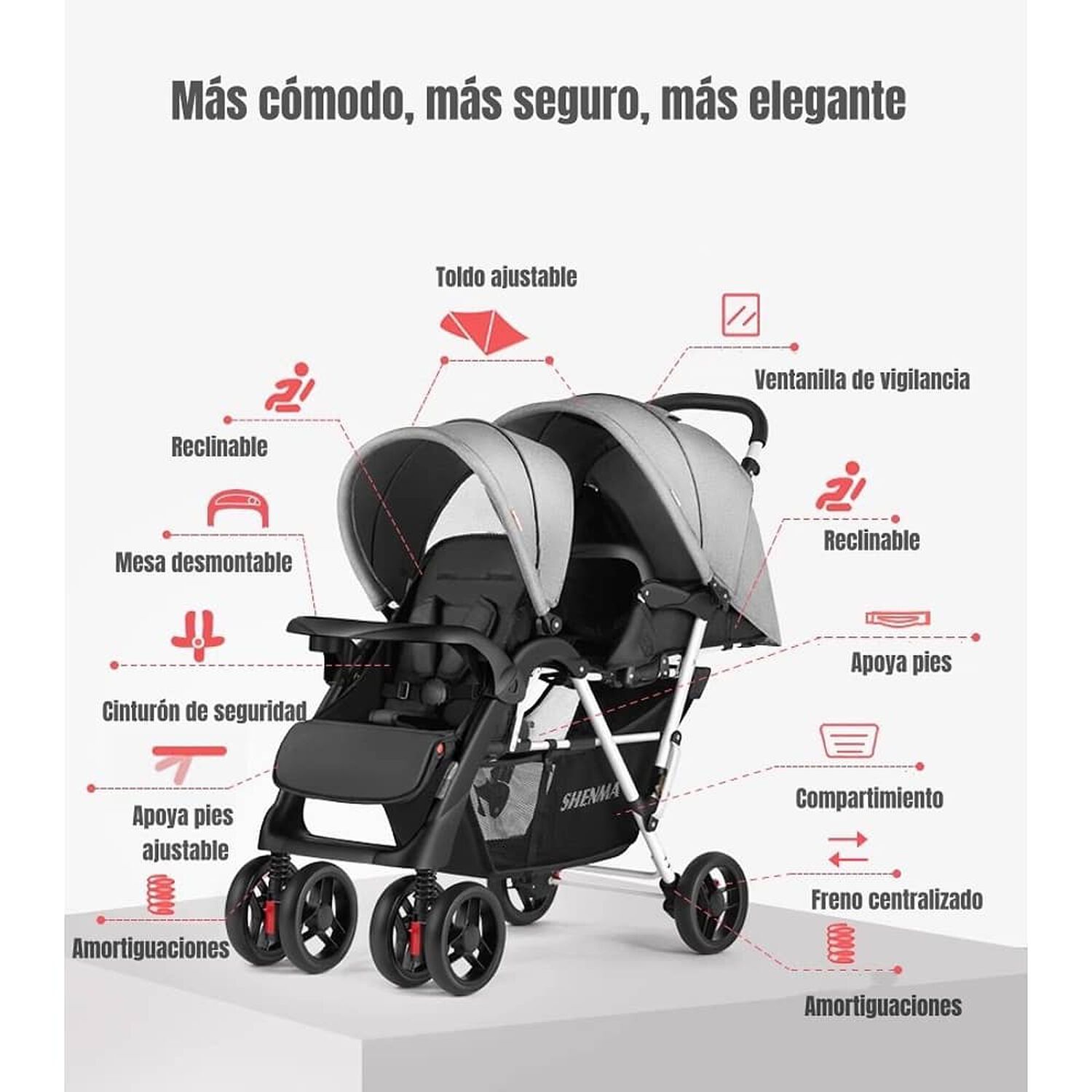 Coche Doble Duo Reclinable Plegable Gris By Lubabycas image number 2.0