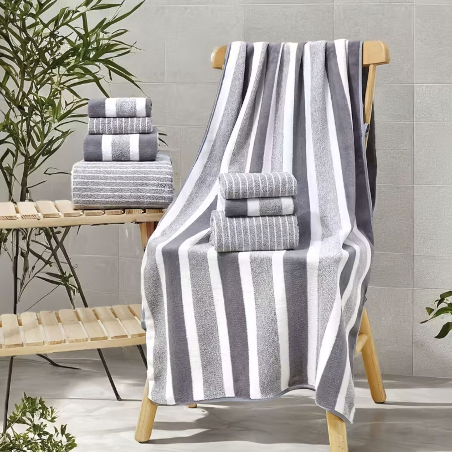 Set De 8 Toallas Rayadas Ultra Absorbentes Estilo Spa Gris image number 2.0