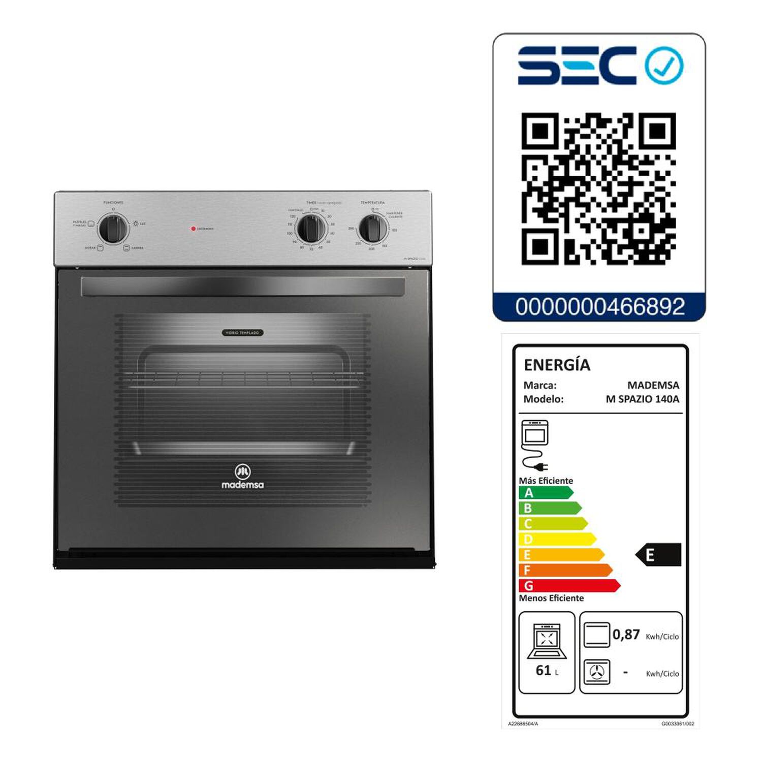 Kit De Cocina Mademsa Horno Empotrado M Spazio 140A + Encimera El&eacute;ctrica MCE 435E T + Campana Slim M60 Inox / 4 Quemadores image number 2.0