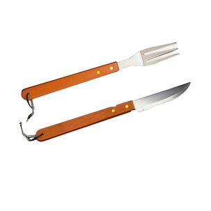 Set Asado Parrilla 2 Piezas Acero Inoxidable Madera