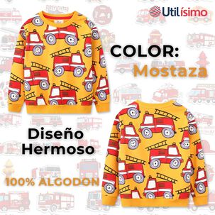 Poler&oacute;n Ni&ntilde;o Manga Larga 100% Algod&oacute;n Amarillo Bomberos