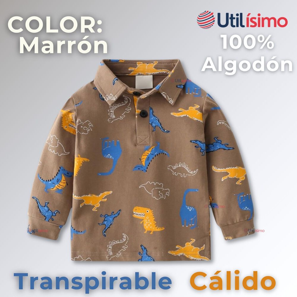 Polera Piqué Manga Larga Niño Con Estampado De Dinosaurios Marrón image number 1.0
