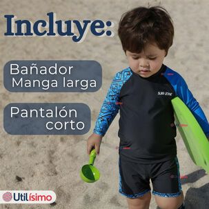 Traje De Ba&ntilde;o Manga Larga Pantal&oacute;n Corto 2 Piezas Corte Split Ni&ntilde;o 3 A 11 A&ntilde;os Black