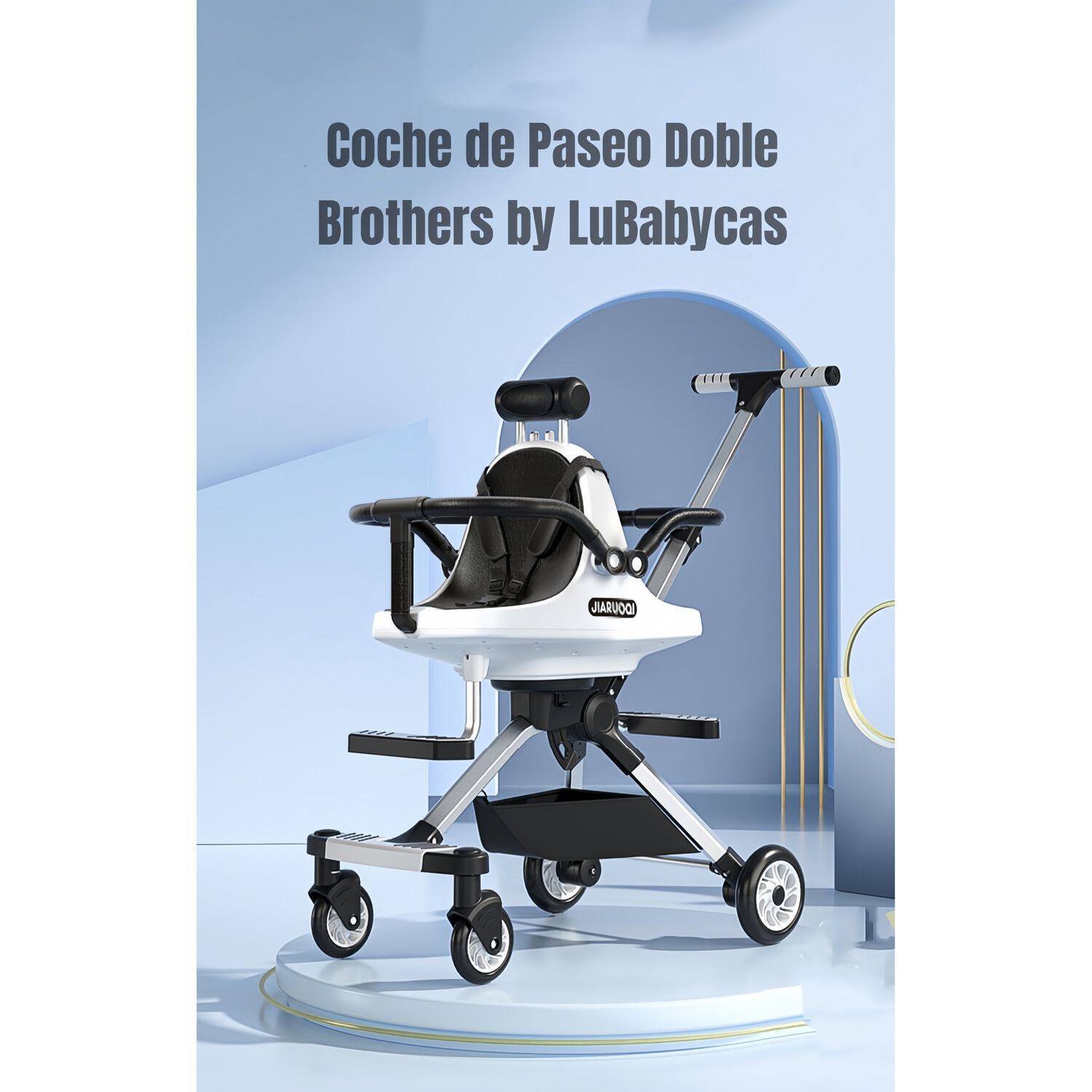 Coche De Paseo Doble Con Sombrilla Azul By Lubabycas image number 5.0