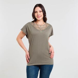 Polera Lisa Manga Corta Cuello Redondo Aplicación Brodery Mujer Sexy Large