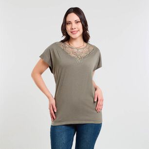 Polera Lisa Manga Corta Cuello Redondo Aplicación Brodery Mujer Sexy Large