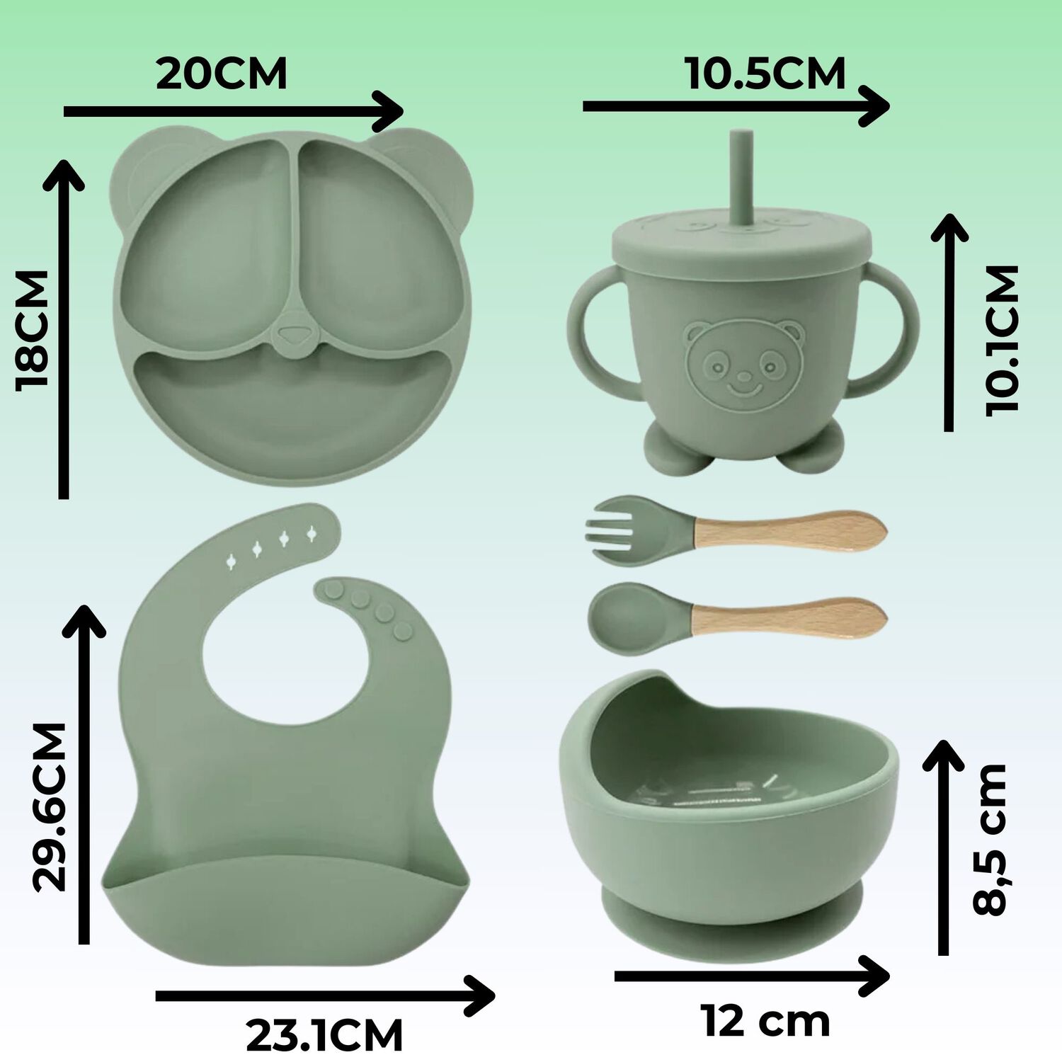 Set De Alimentaci&oacute;n Beb&eacute; Silicona De Oso 6 Piezas Libre Bpa Color Verde image number 1.0