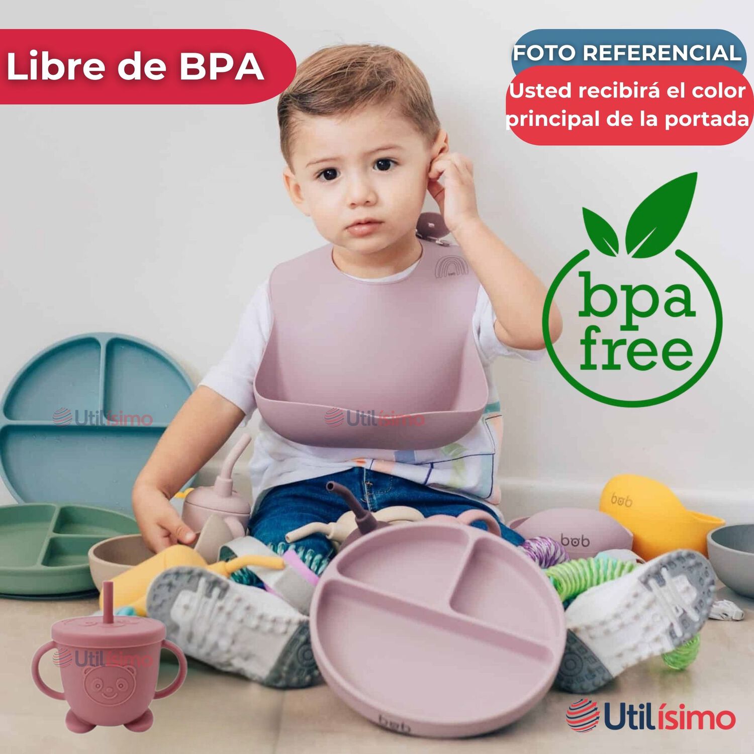 Set De Alimentaci&oacute;n Beb&eacute; Silicona Con Vaso 5 Piezas Libre Bpa Color Rosa Oscuro image number 2.0