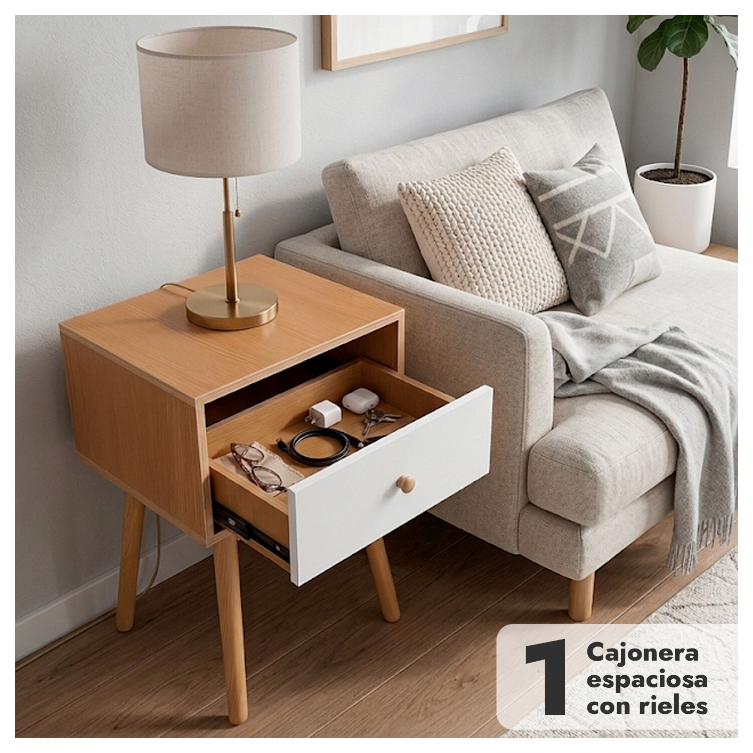 Velador De Madera Con 1 Caj&oacute;n Y Patas Altas 55x40x30 Cm image number 2.0