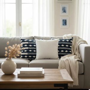 Set De 3 Cojines Decorativos Boho Azul Marino Y Blanco