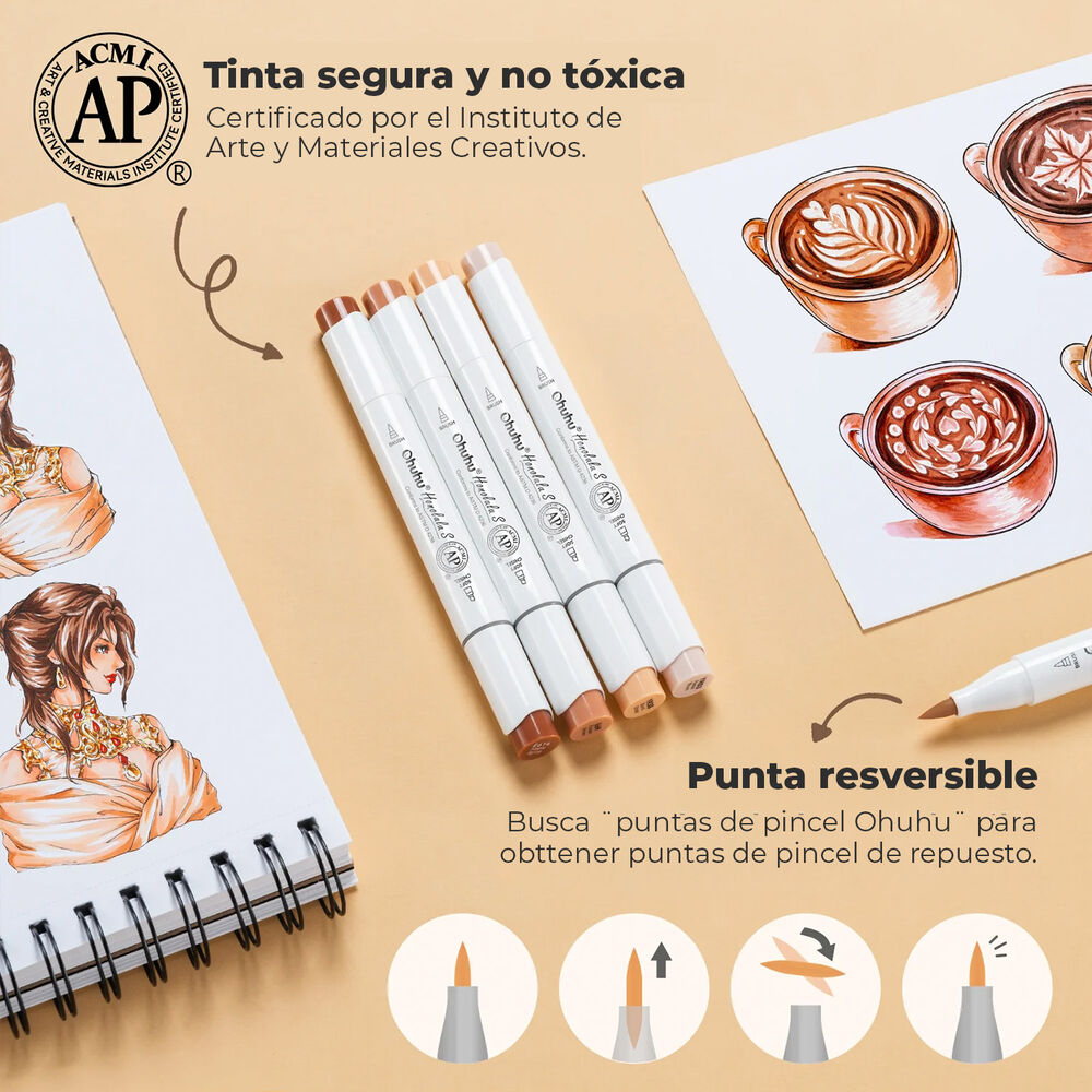 Ohuhu 24 Marcadores Piel Honolulu S Pincel & Biselada Suave image number 5.0