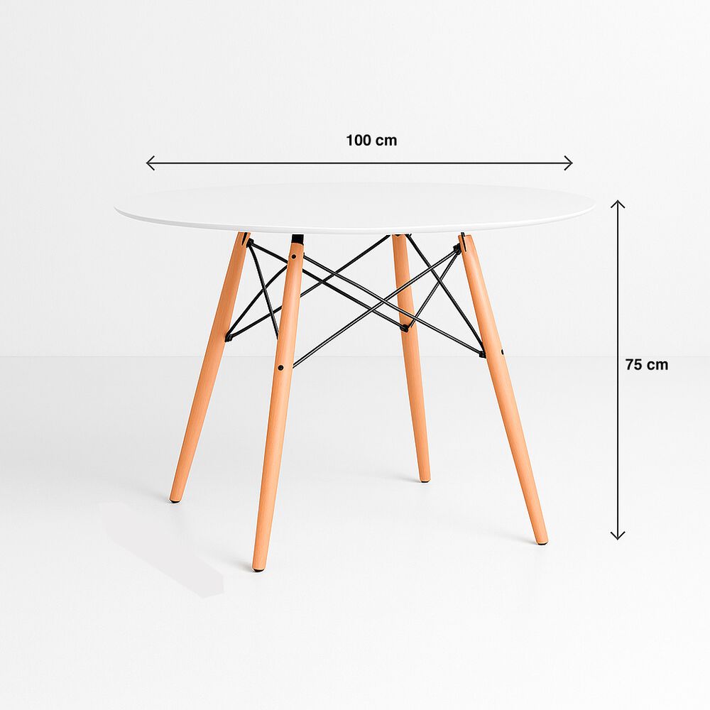 Comedor Mesa Redonda Blanca 100cm + 4 Sillas Eames Patchwork Tela Wood Celeste image number 3.0