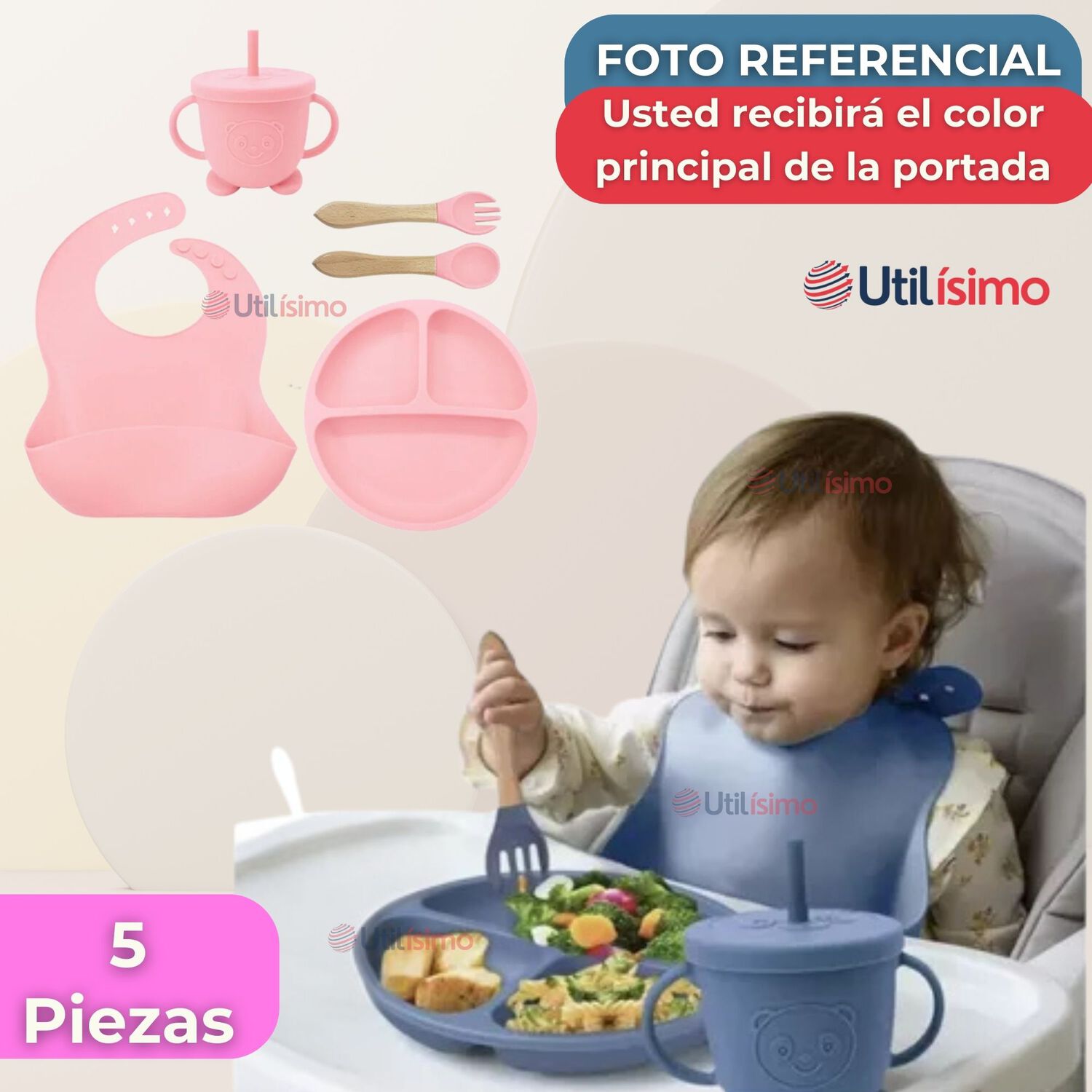 Set De Alimentaci&oacute;n Beb&eacute; Silicona Con Vaso 5 Piezas Libre Bpa Color Rosa Claro image number 5.0