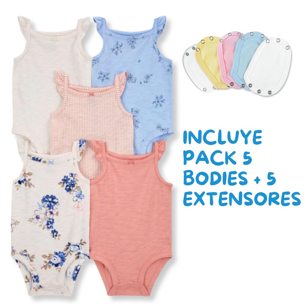 Pack 5 Bodys + 5 Extensores Niña Niño 100% Algodón Tedmimak Blanco Flores image number 1.0