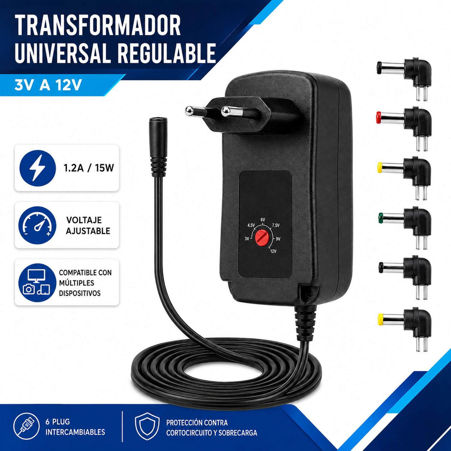 Transformador 12v Regulables 1.2a / 15w + 6 Plug Universales image number 3.0