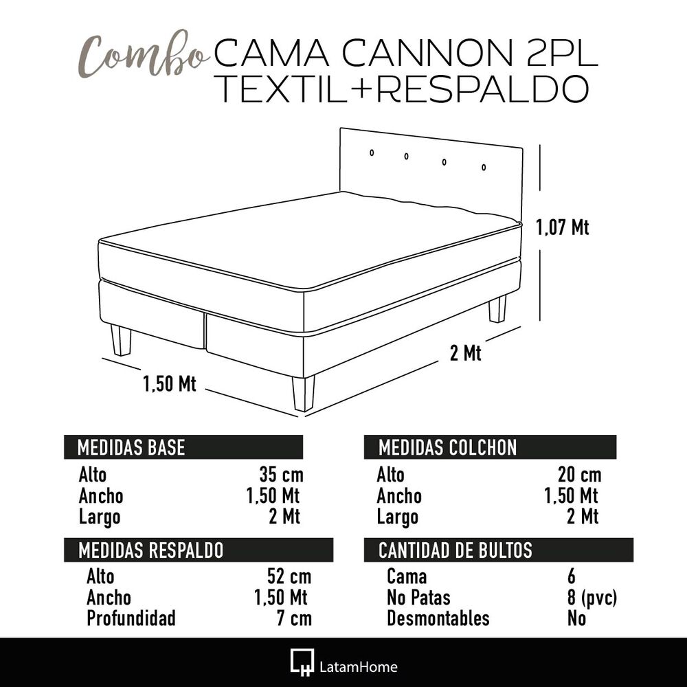 Combo Cama Cannon 2 Plazas+2 Almohadas+sabanas+respaldo Tela Gris image number 5.0