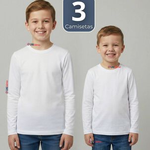 Pack 3 Camisetas Algod&oacute;n Manga Larga Polera Primera Capa Blanco Ni&ntilde;o