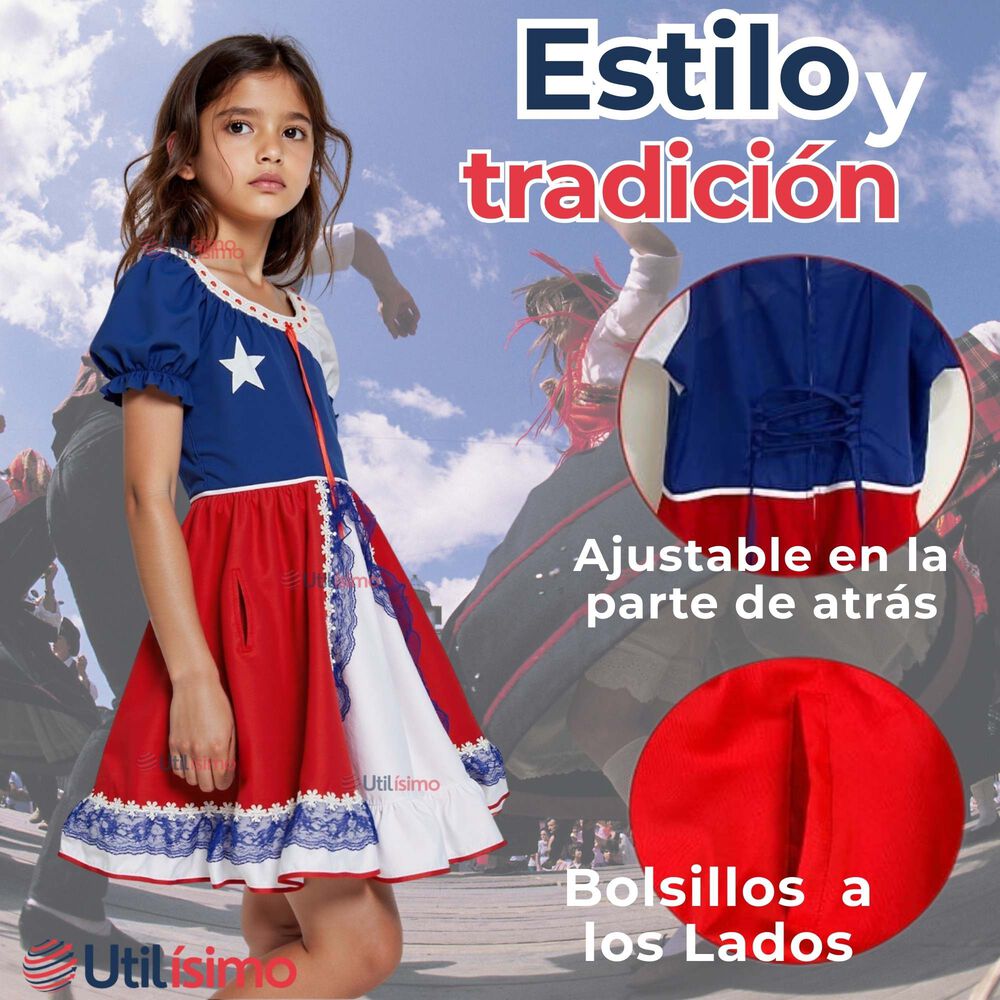Vestido Huasa Chinita Niña Fiestas Patrias Bandera Chilena image number 3.0