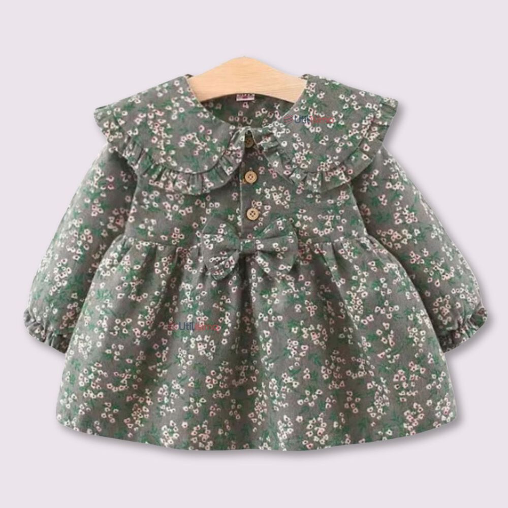 Vestido De Cotelé Floreado Forrado En Plush Niña Color Gris image number 0.0