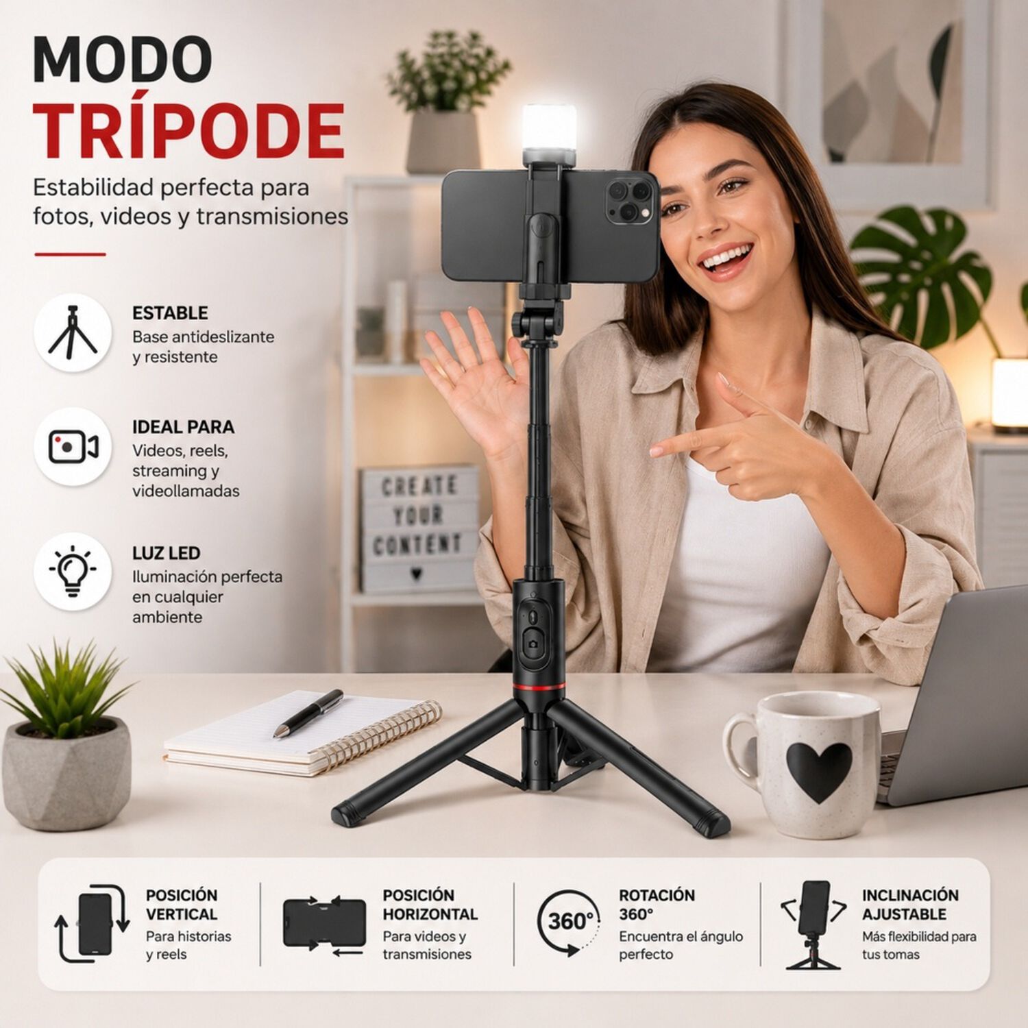 Palo Selfie Tr&iacute;pode Bluetooth Control Remoto Luz Led image number 5.0