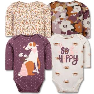 Pack 4 Bodys Ni&ntilde;a Manga Larga Tedmimak 100% Algod&oacute;n Dog Canela