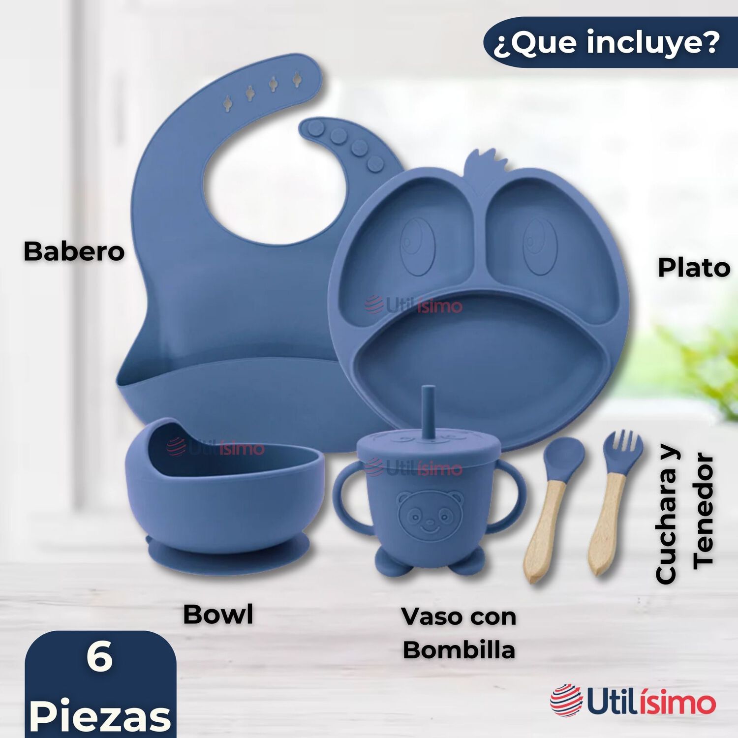 Set De Alimentaci&oacute;n Beb&eacute; Silicona De Formas 6 Piezas Libre Bpa Color Azul image number 6.0