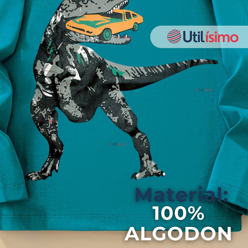 Polera Manga Larga Niño 100% Algodón Dinosaurio Verde Camiseta image number 6.0