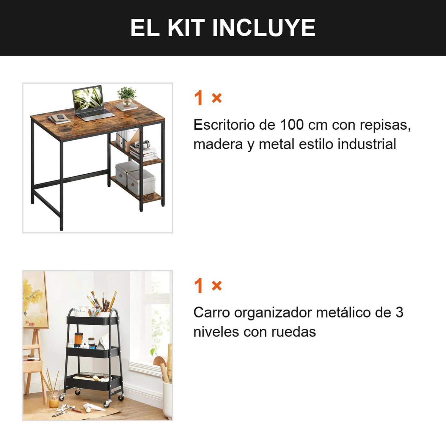 Kit Home Office Escritorio 100cm + Carro Organizador 3 Nivel Marr&oacute;n image number 6.0