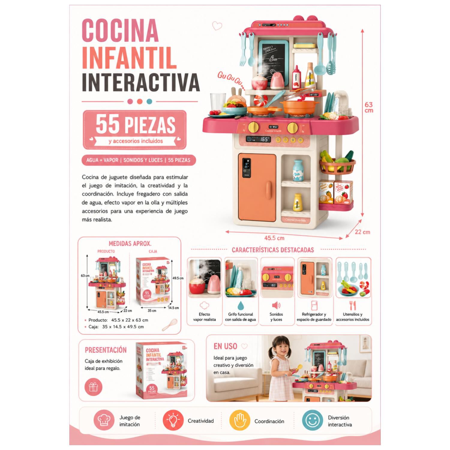Juguete Cocina Interactiva 55pzas 63cm Agua Vapor Rosado Infantil image number 3.0
