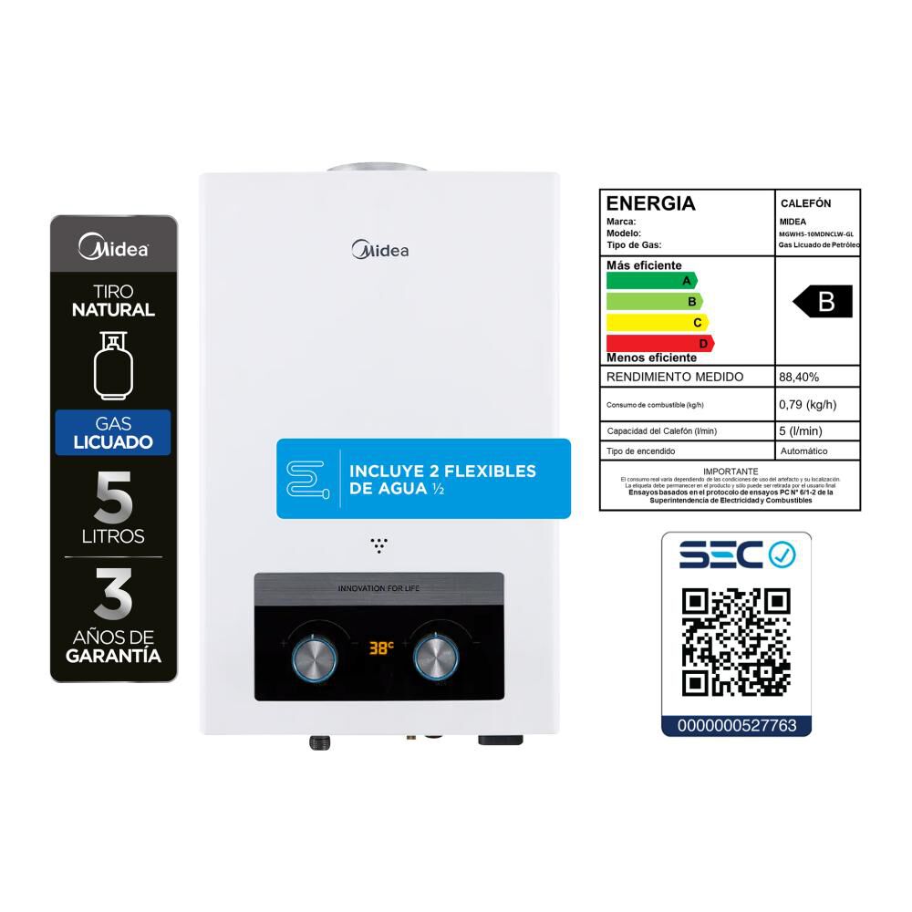 Calefont Midea MGWH5-10MDNCLW-GL / Tiro Natural / Gas Licuado  / 5 Litros image number 6.0