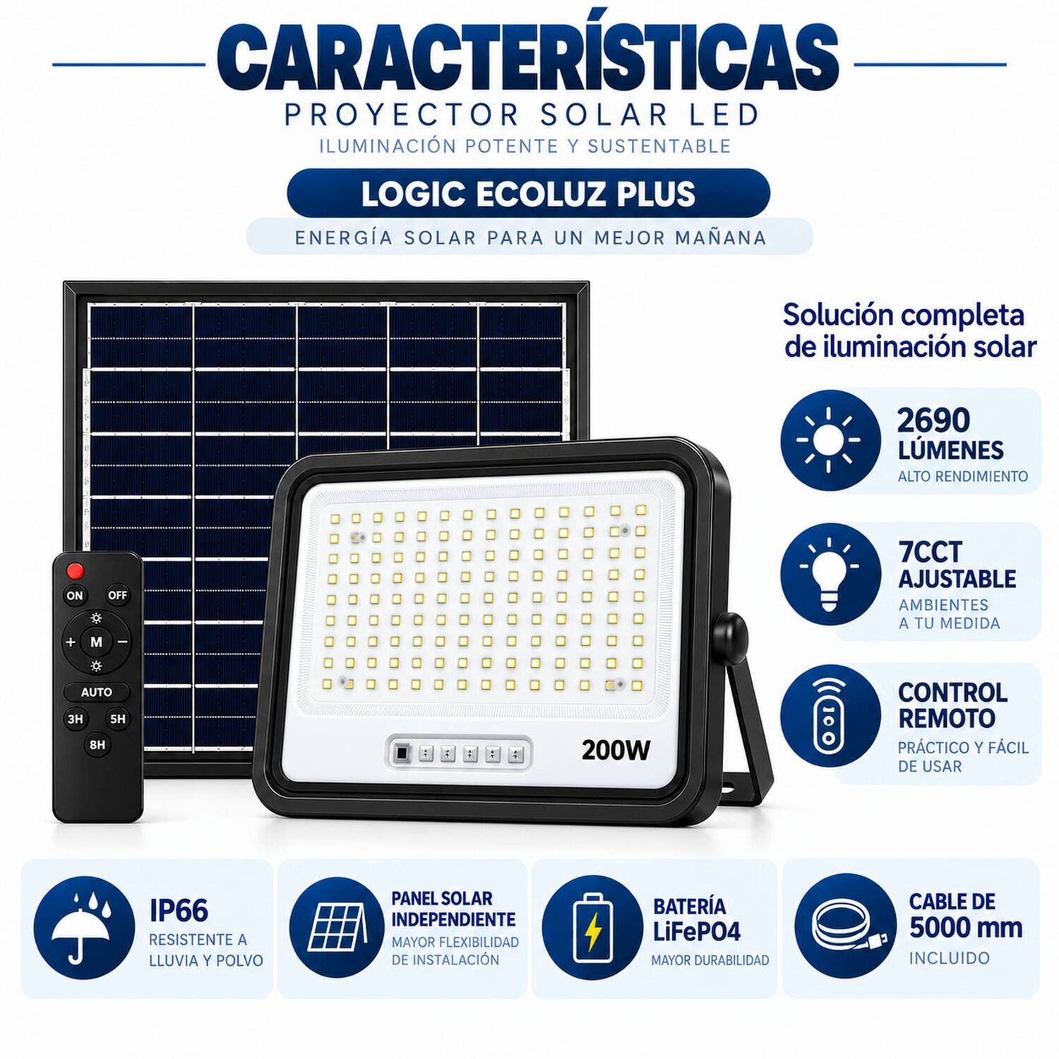 Proyector Led 200w Ip68 Con Panel Solar Independiente + Cable 5mt image number 6.0