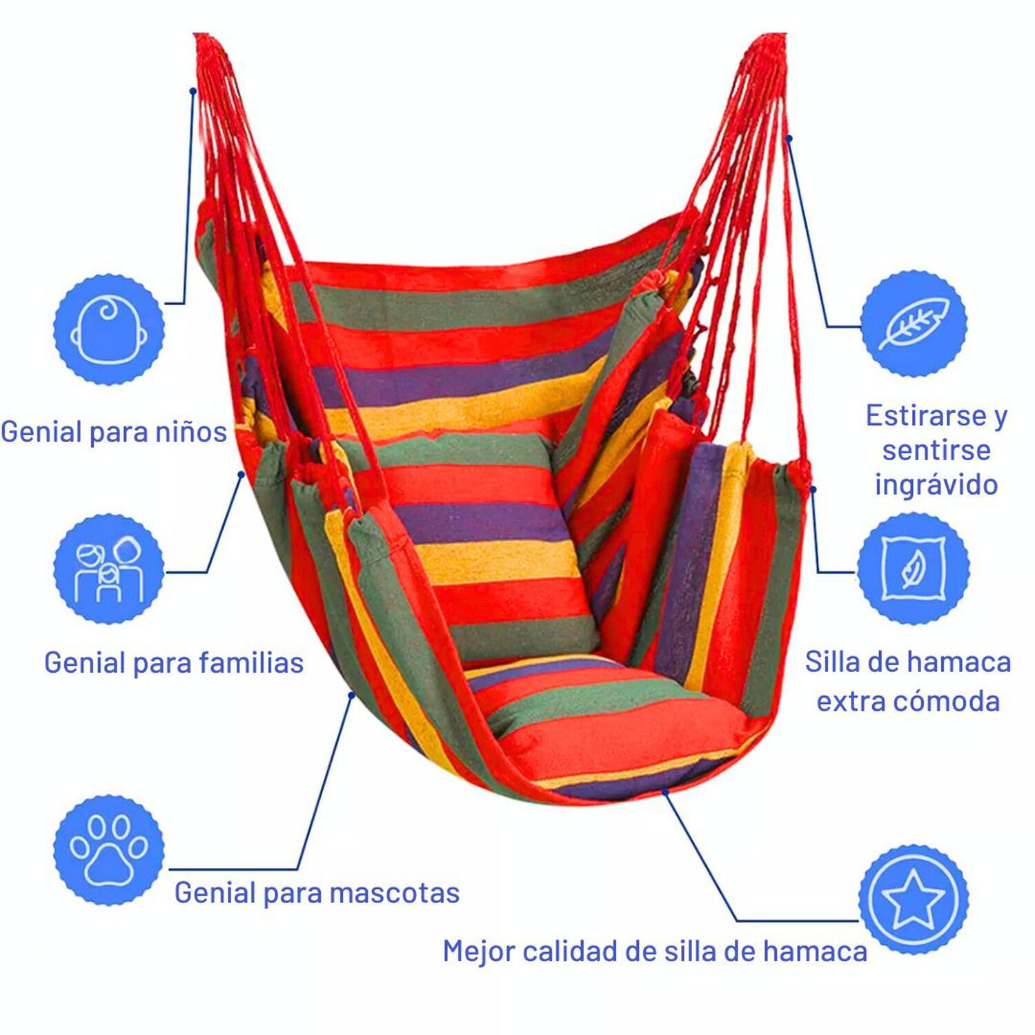 Silla Hamaca Colgante Columpio Con Dos Almohadas Para Jardin Rojo Arcoriris image number 4.0