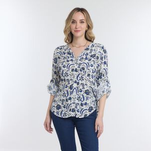 Blusa Full Print Manga Larga Roll Up Cuello V Mujer Geeps