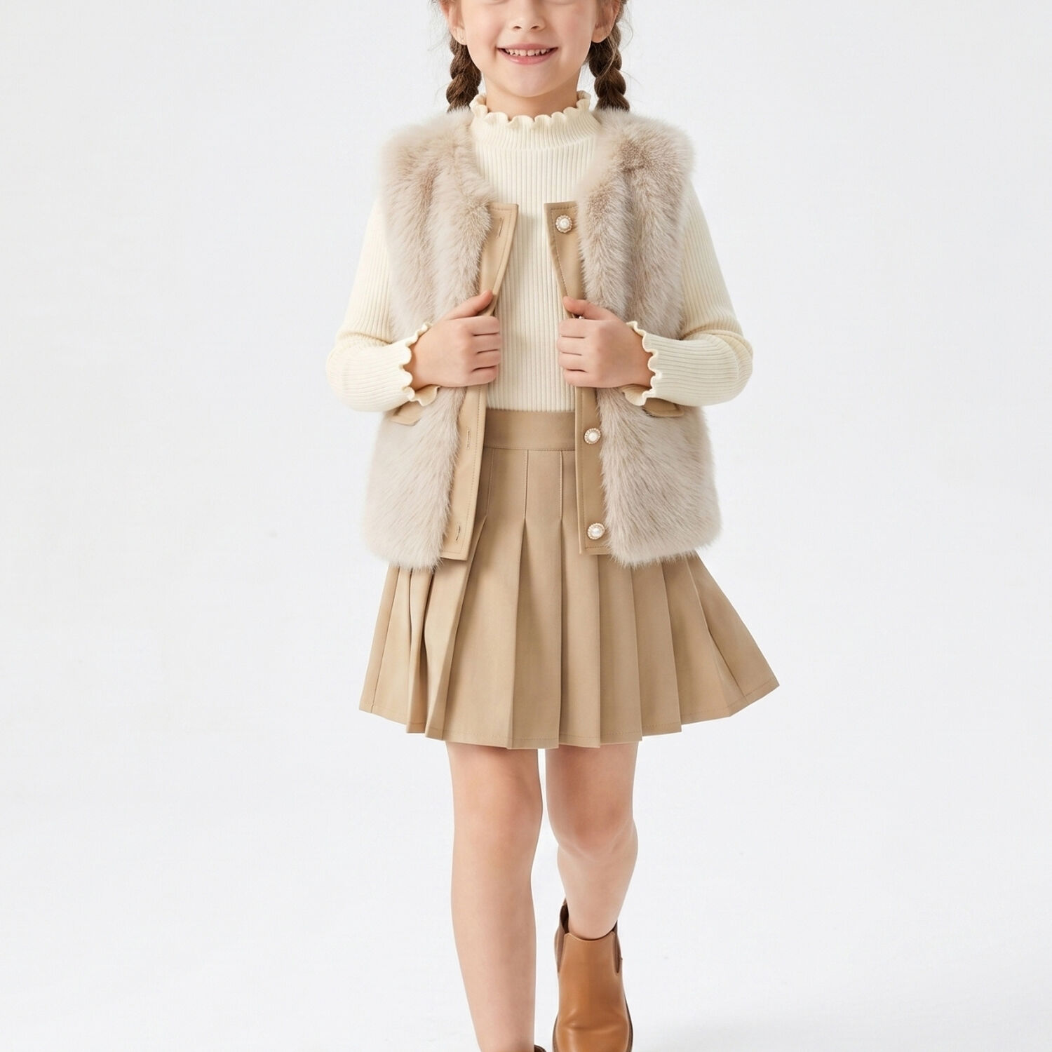 Chaleco Peludo Ni&ntilde;a Conjunto Falda Invierno Elegante image number 0.0