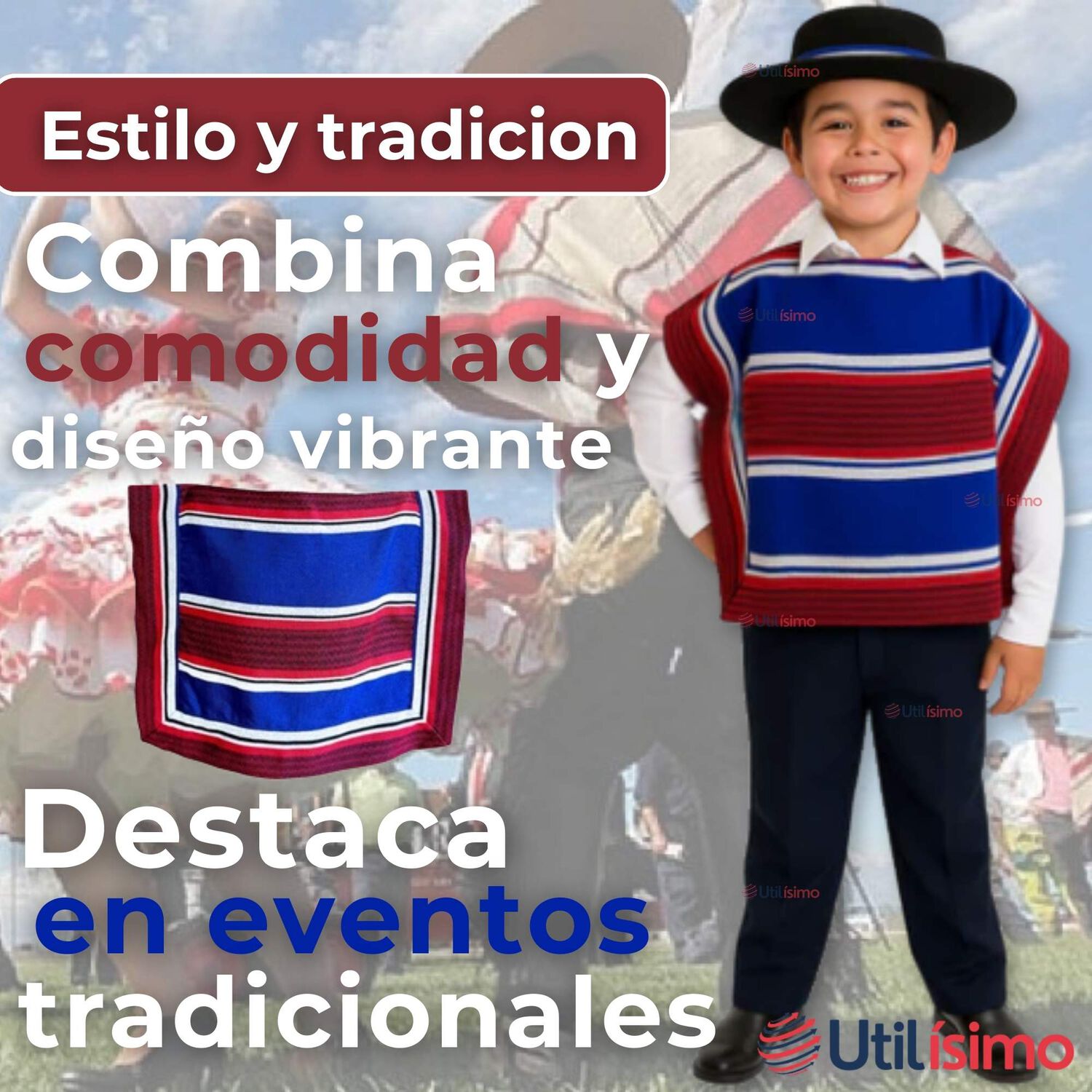 Poncho Manta Huaso Cueca Fiestas Patrias Para Ni&ntilde;os image number 4.0