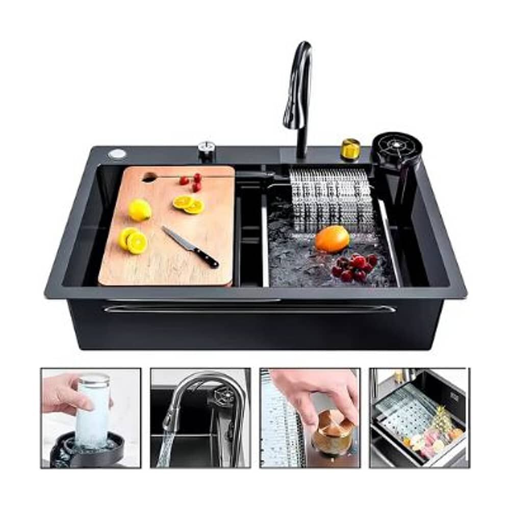 Lavaplatos Empotrado 8045 Acero Inoxidable Negro Con Llave De Cascada Extra&iacute;ble + Accesorios Kit Completo Lavavajillas De Cocina Moderno Lava Platos  image number 1.0