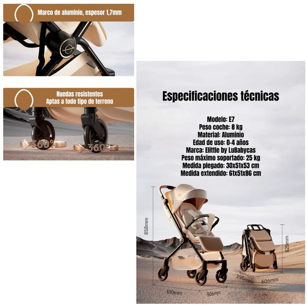 Coche De Paseo Reversible Nueva Tecnolog&iacute;a Elittle E7 Negro image number 1.0