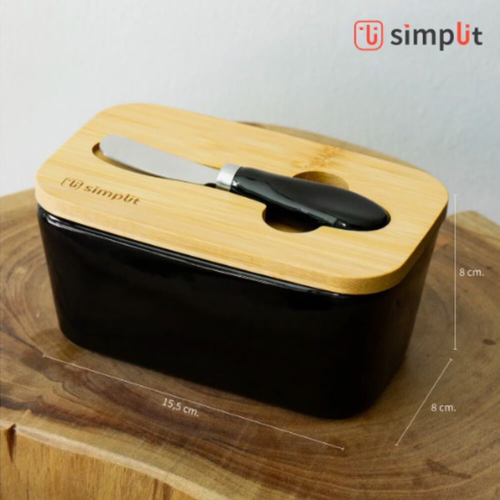 Mantequillero Cer&aacute;mica Tapa Bamboo + Cuchillo 600 Ml Negro image number 3.0