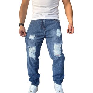 Jeans Tela R&iacute;gida Corte Mom Rasgado