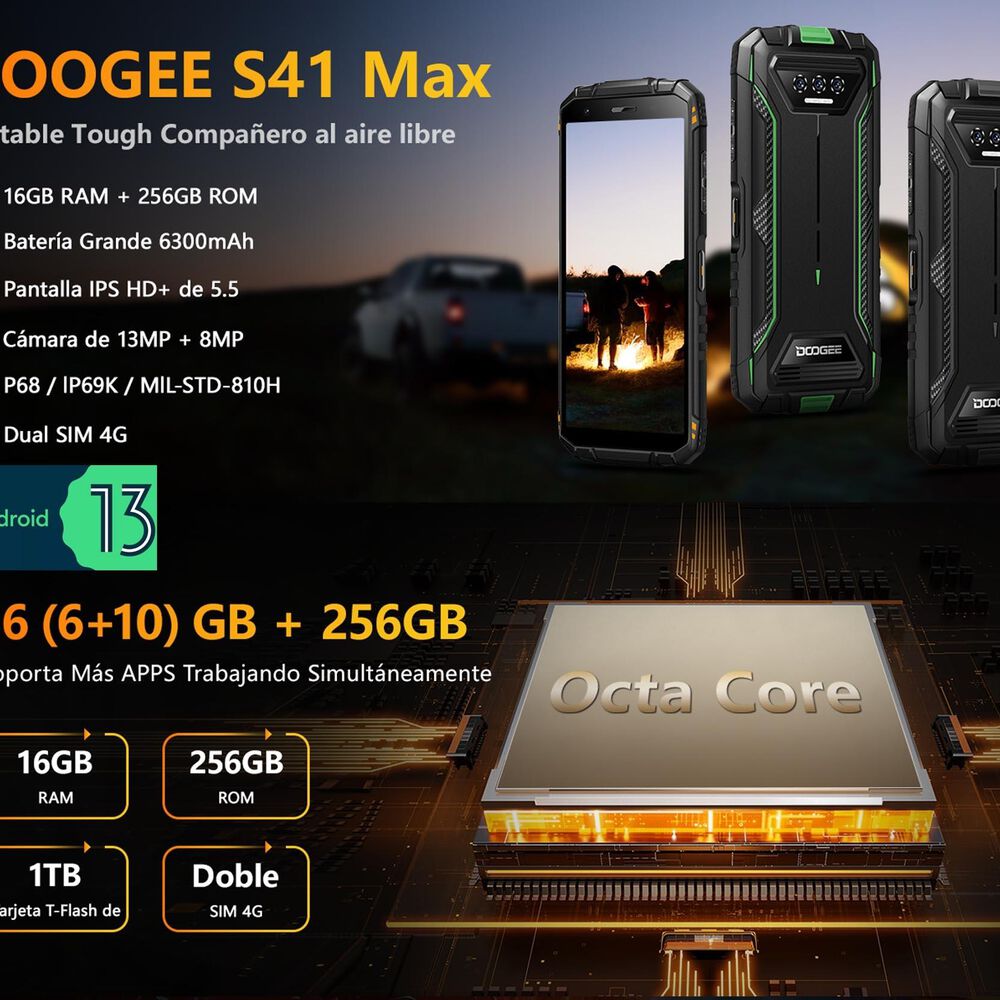 Celular Rugged Doogee S41 Max Resistente A Golpes, Polvo, Humedad Y Agua / Desbloqueo Facial Y Con Huella Dactilar, Nfc, Radio Fm, Naranjo image number 1.0