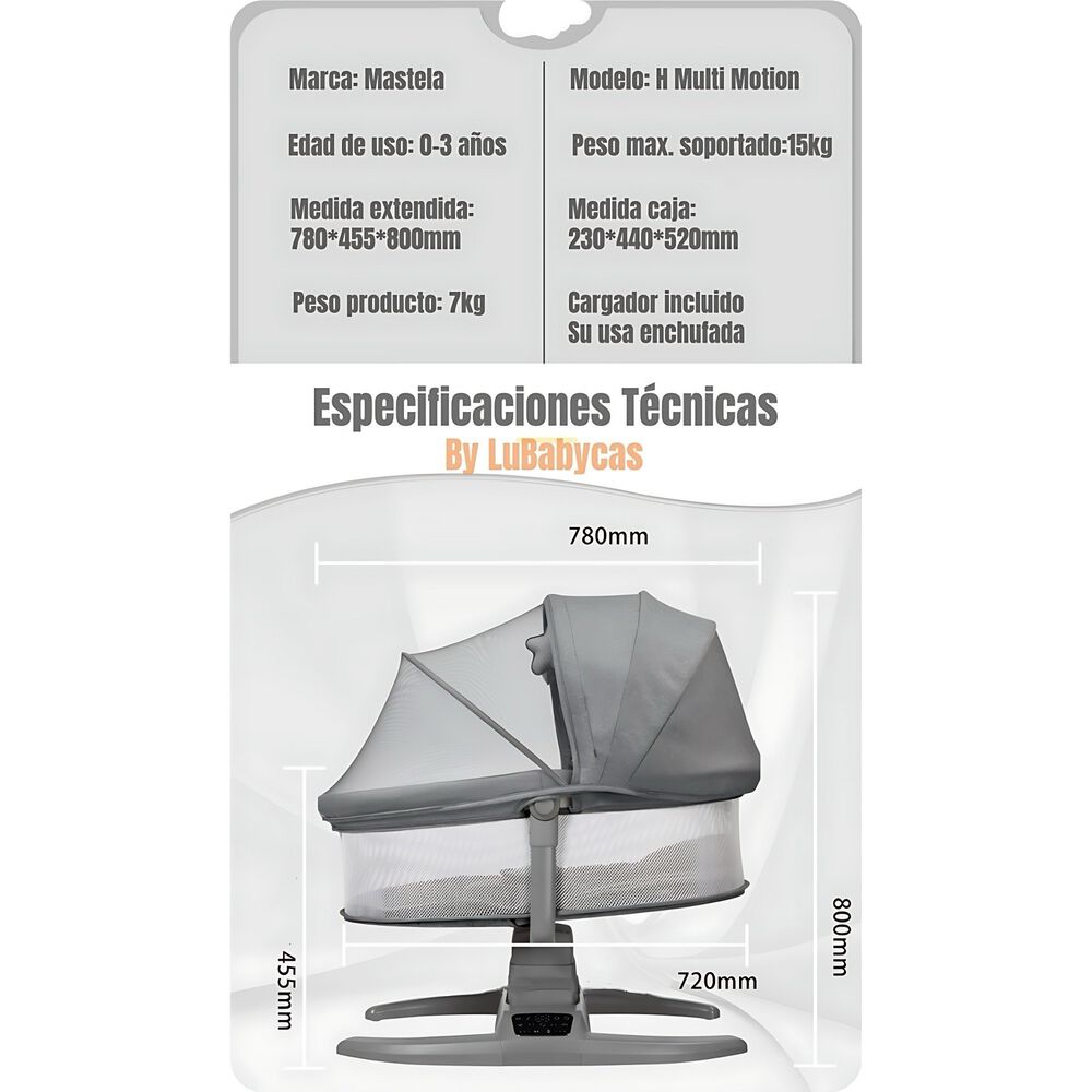 Cuna Mecedora El&eacute;ctrica 2 En 1 Mastela Gris Lubabycas image number 2.0
