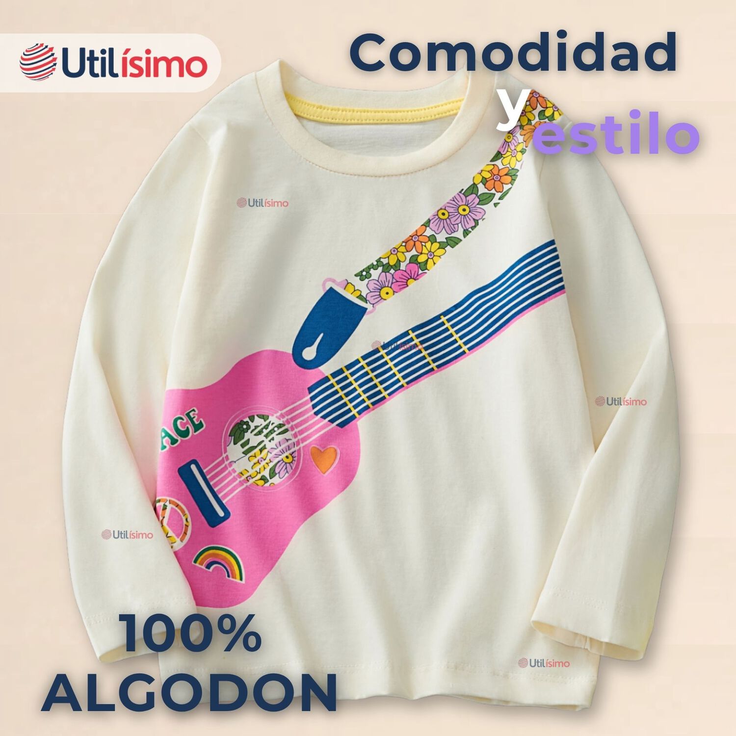 Polera Manga Larga Ni&ntilde;a 100% Algod&oacute;n Guitarra Blanco Camiseta image number 1.0