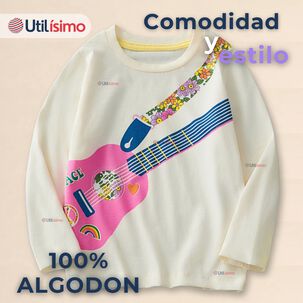 Polera Manga Larga Ni&ntilde;a 100% Algod&oacute;n Guitarra Blanco Camiseta