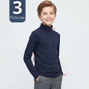 Pack 3 Poleras Camisetas Polar Azul Oscuro Primera Capa Beatle Manga Larga Ni&ntilde;o