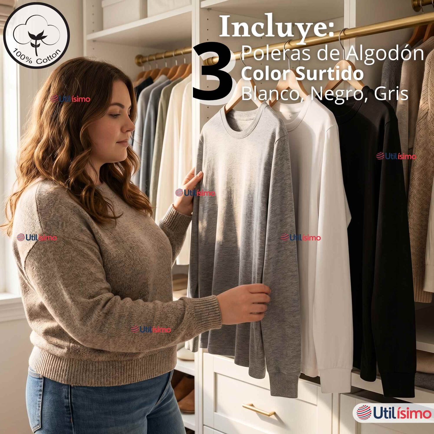 Pack 3 Camisetas Poleras Algod&oacute;n Manga Larga Cuello Redondo Primera Capa Mujer image number 1.0