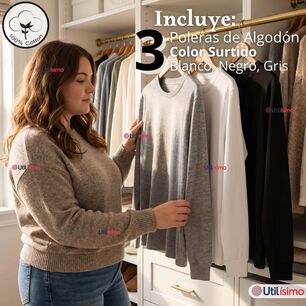 Pack 3 Camisetas Poleras Algod&oacute;n Manga Larga Cuello Redondo Primera Capa Mujer