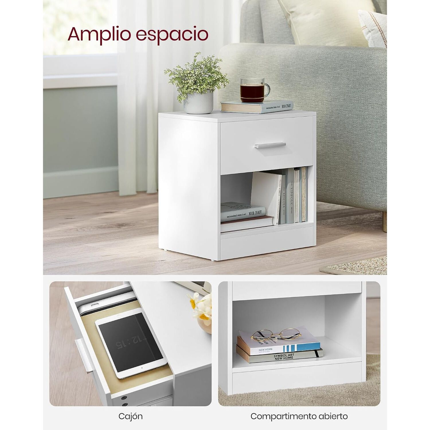 Velador Moderno Vasagle Con Caj&oacute;n Repisa Dormitorio Blanco image number 3.0