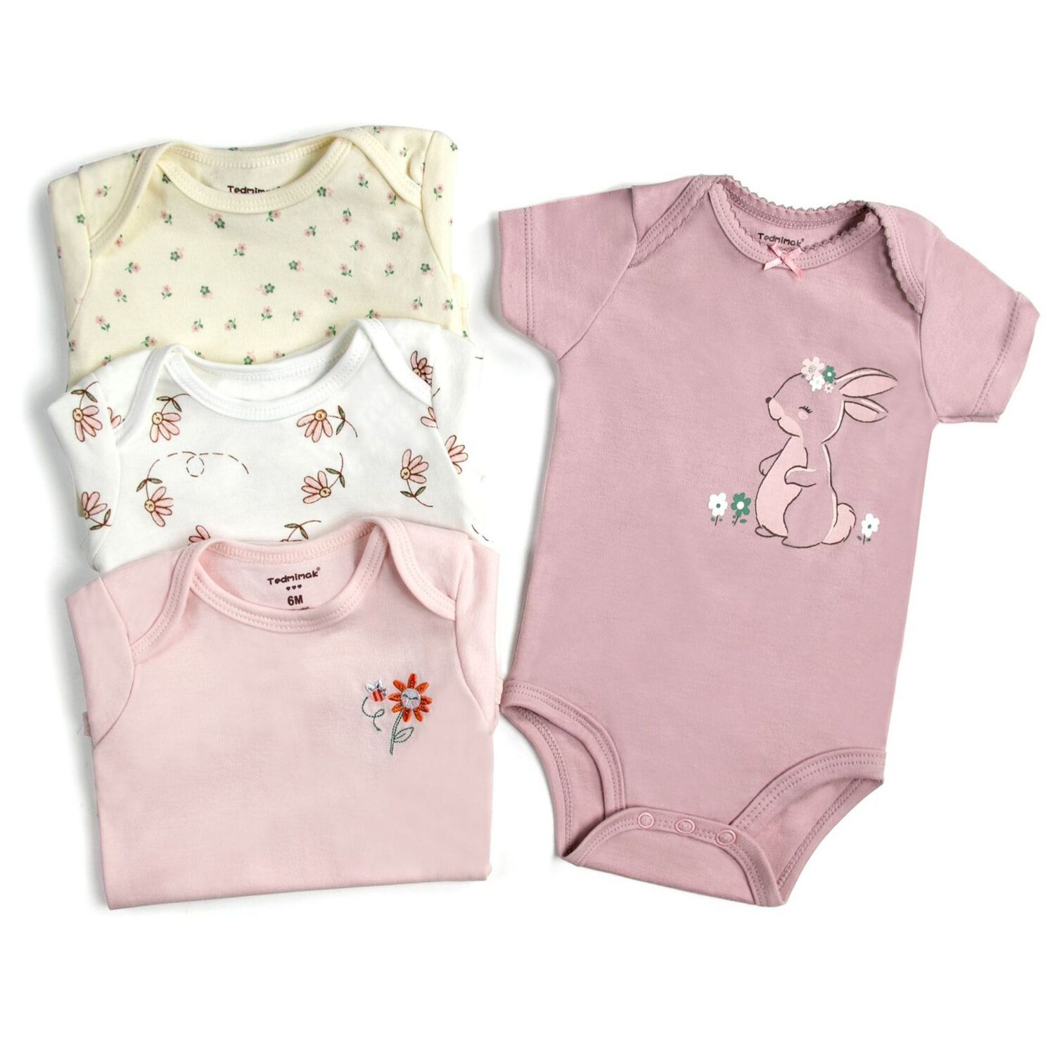 Pack 4 Bodys Ni&ntilde;a Manga Corta Tedmimak 100% Algod&oacute;n Conejos Rosa image number 1.0